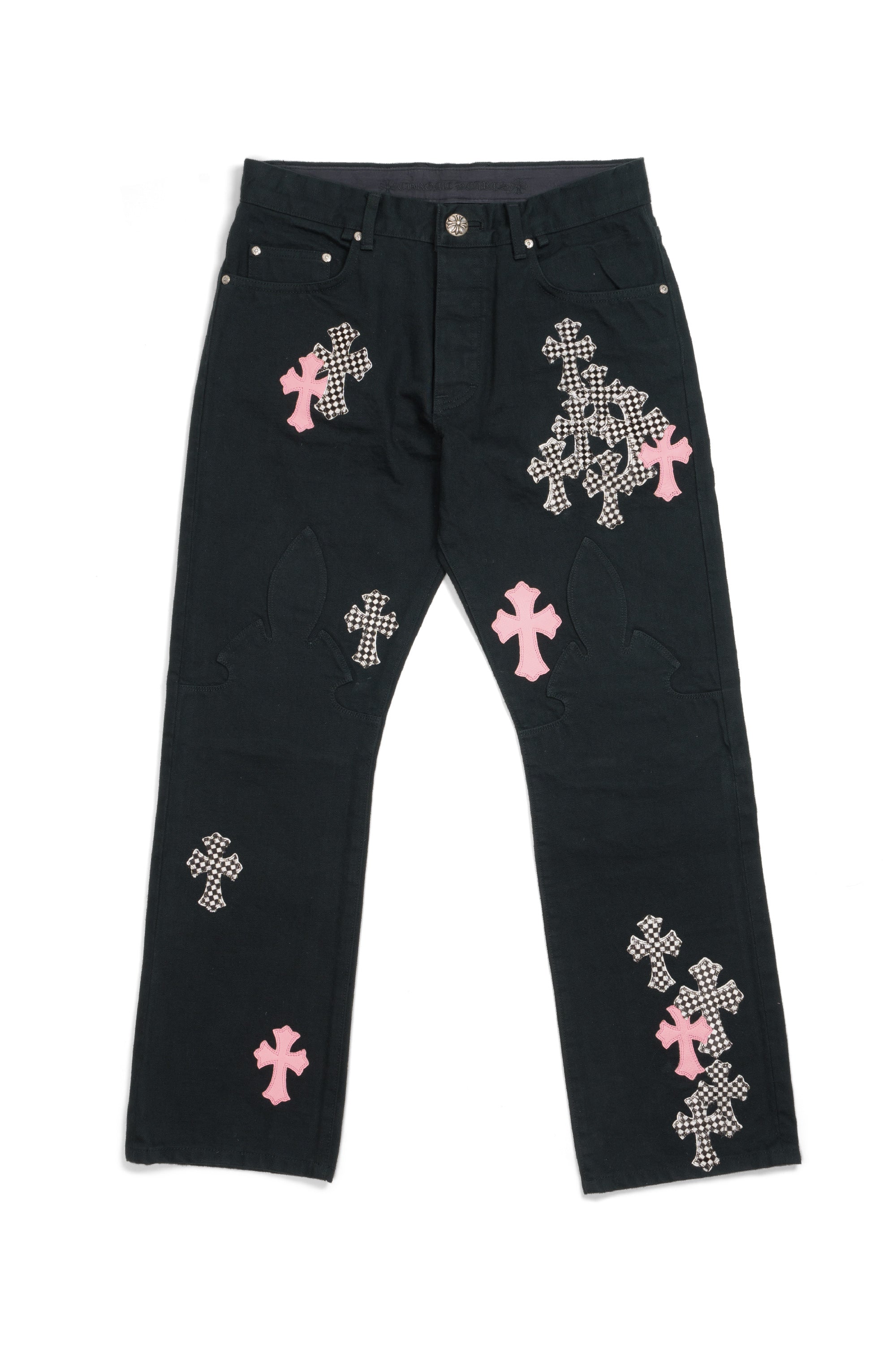Pink & Checkered Cross Patch Fleur Knee Jeans Black