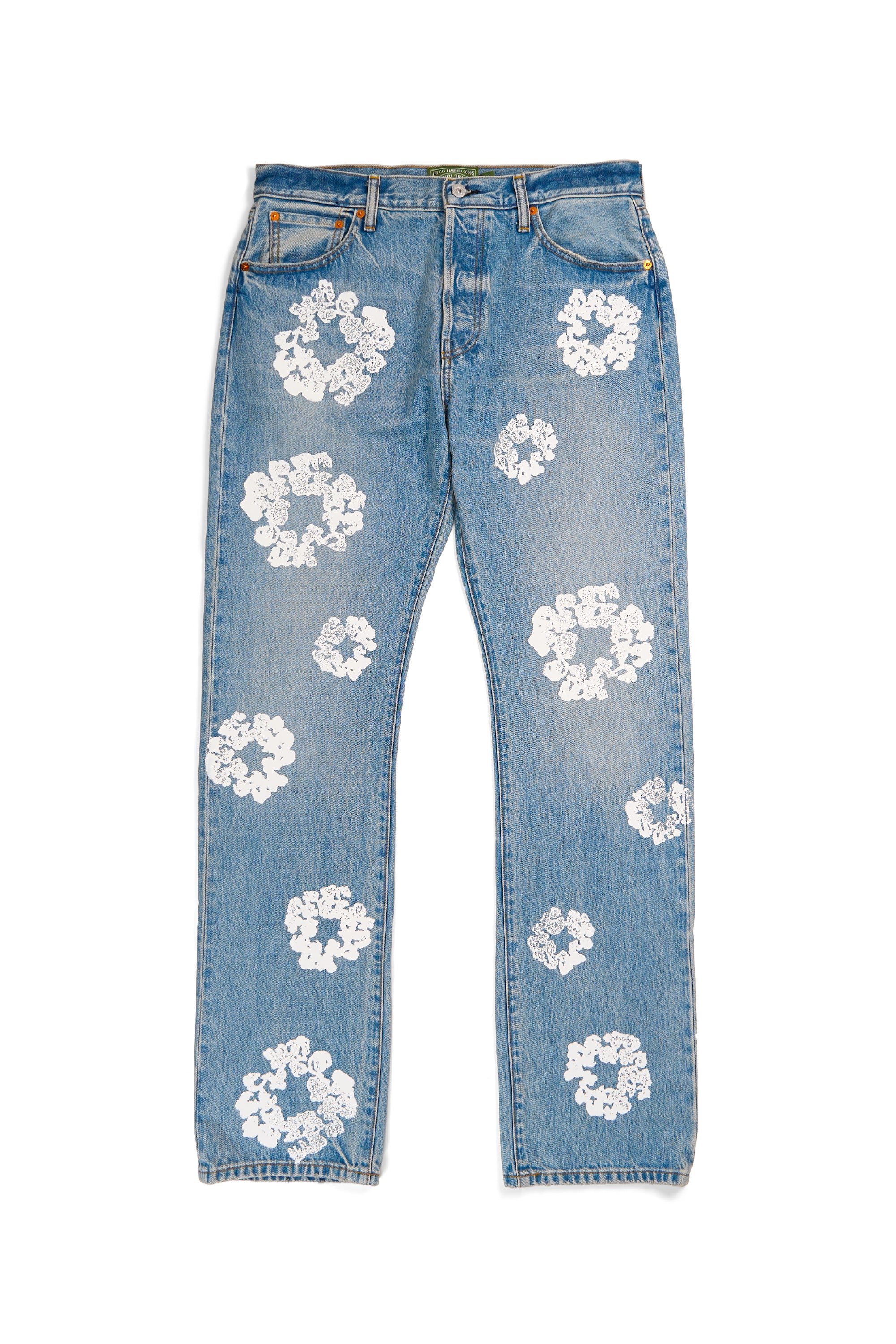 Straight Cotton Wreath Denim Pants Light Wash