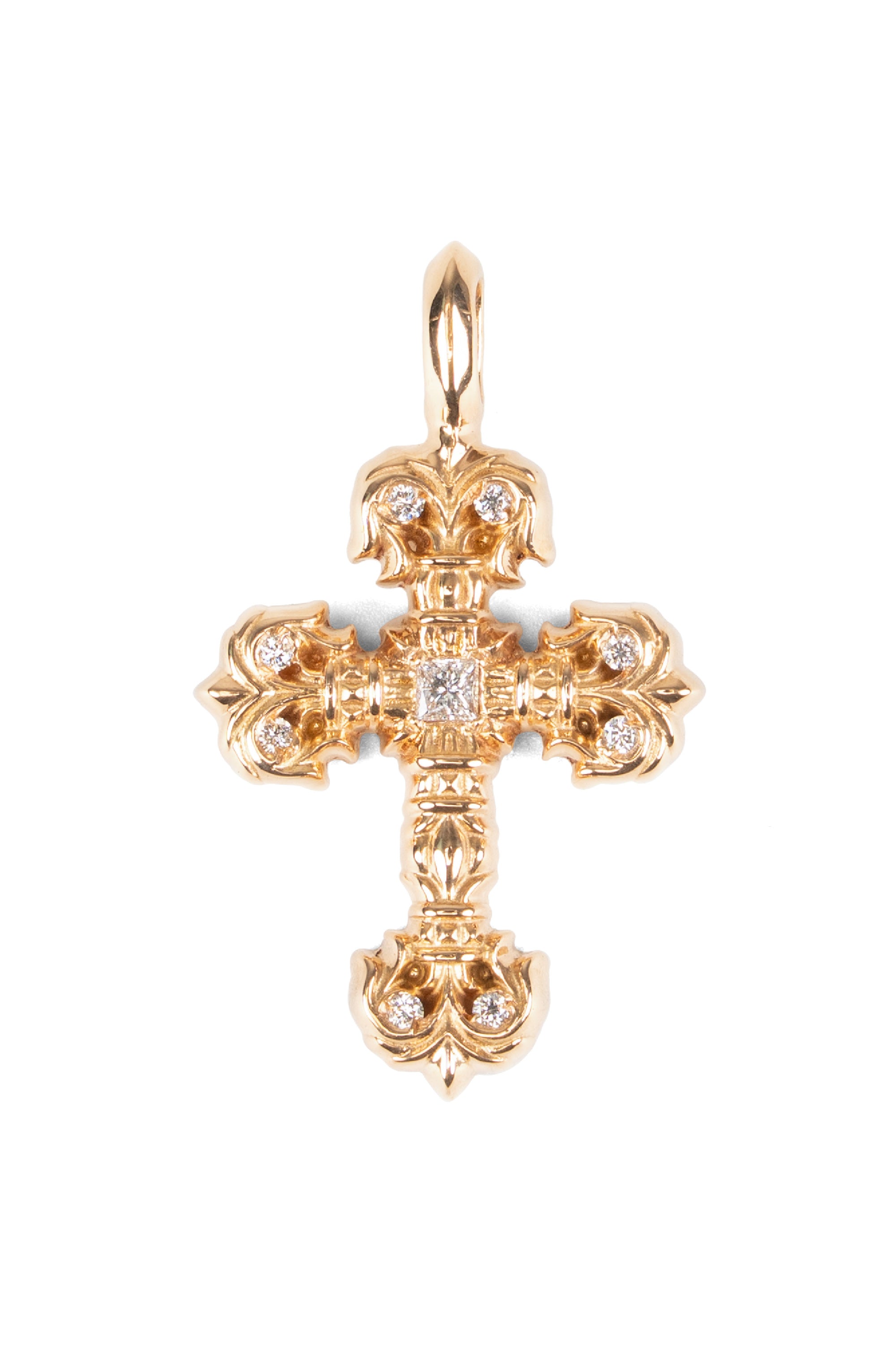Tiny Filigree Cross Pave Diamond Pendant 22K Gold