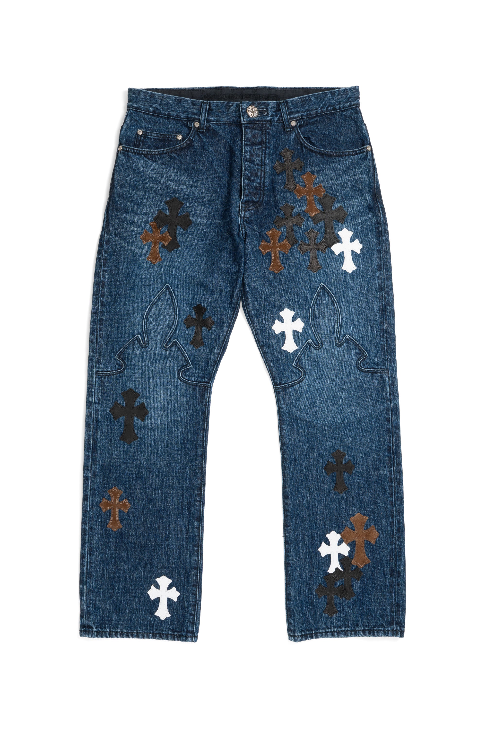 Black, Brown & White Cross Patch Fleur Knee Jeans Blue