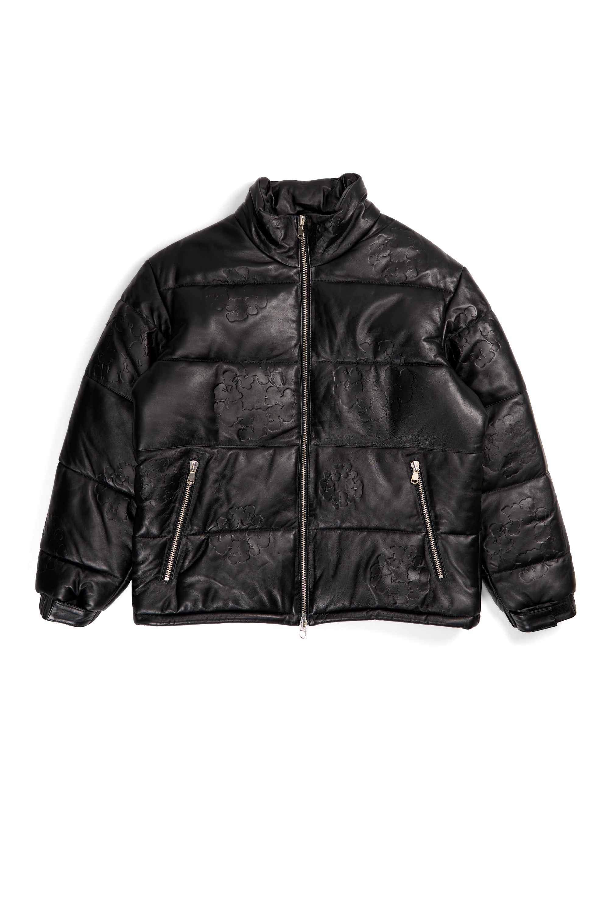 Leather Embossed Wreath Puffer Jacket Black