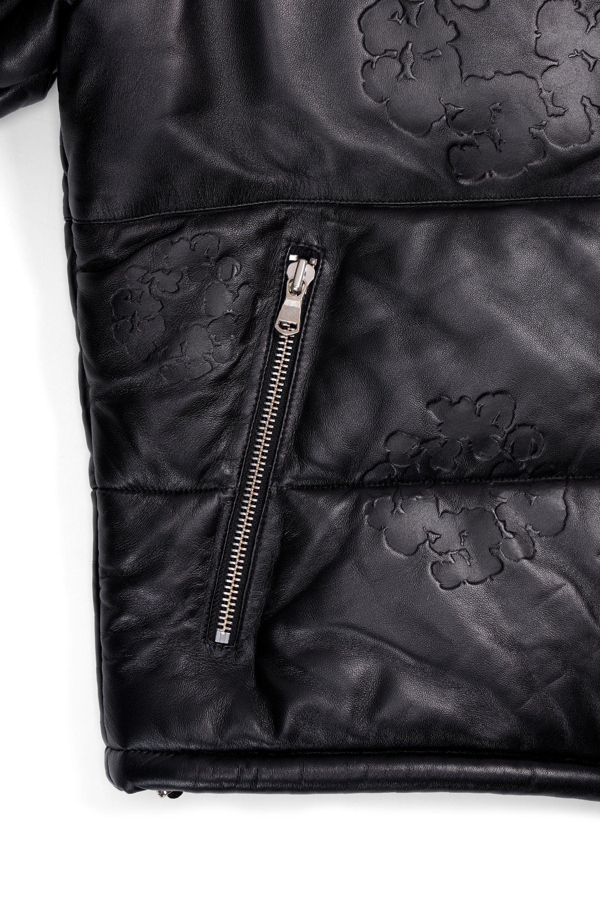 Leather Embossed Wreath Puffer Jacket Black