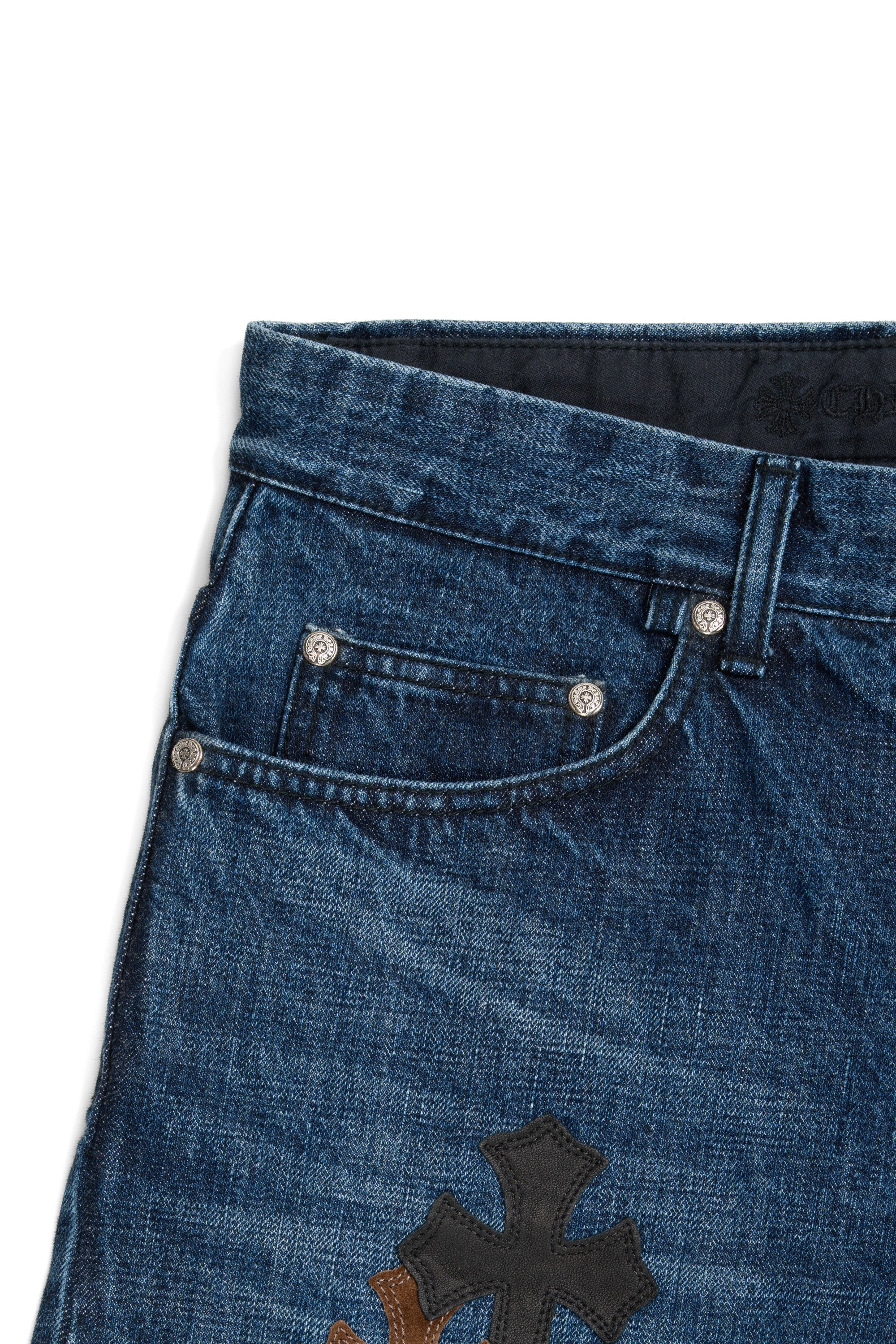 Black, Brown & White Cross Patch Fleur Knee Jeans Blue