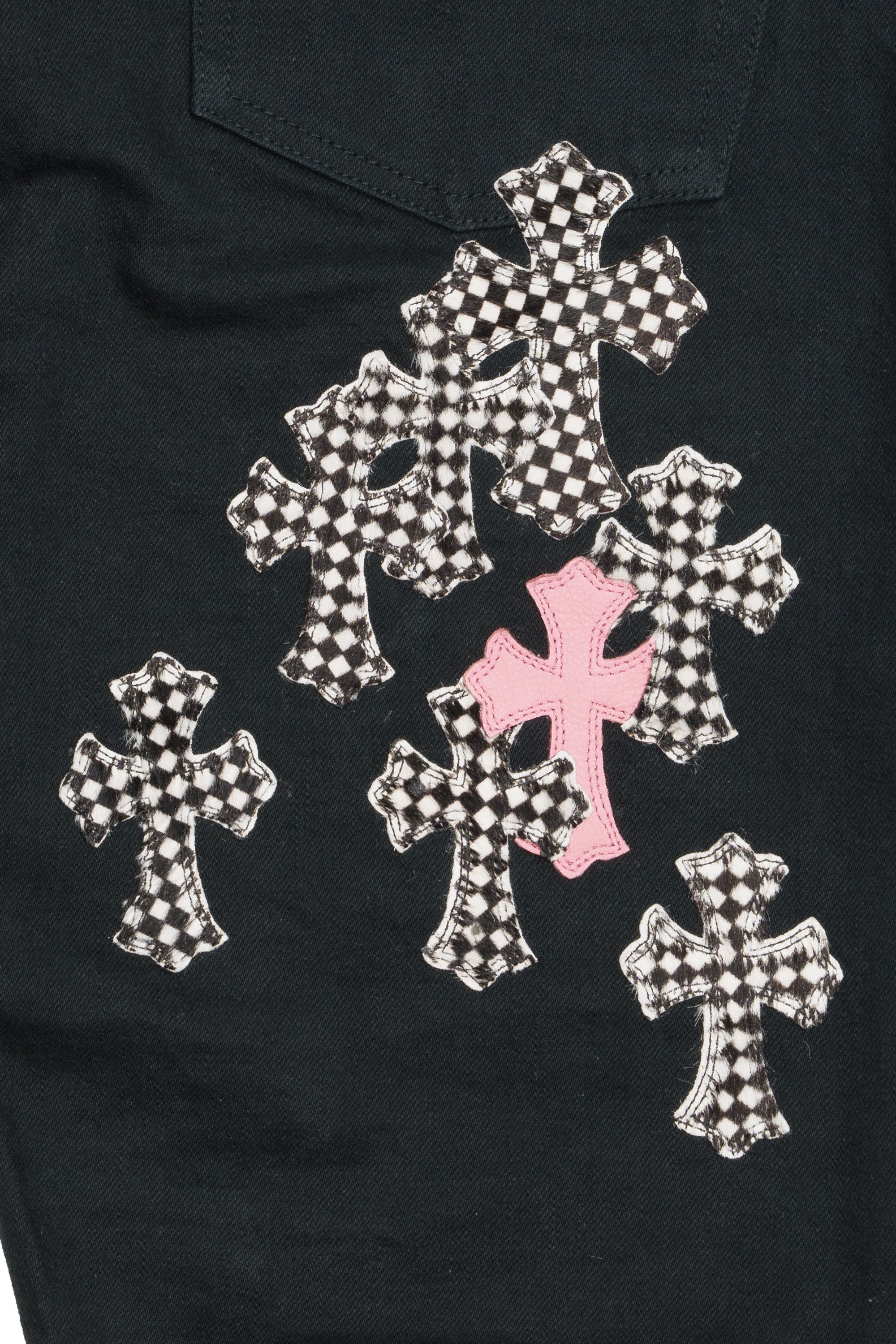 Pink & Checkered Cross Patch Fleur Knee Jeans Black