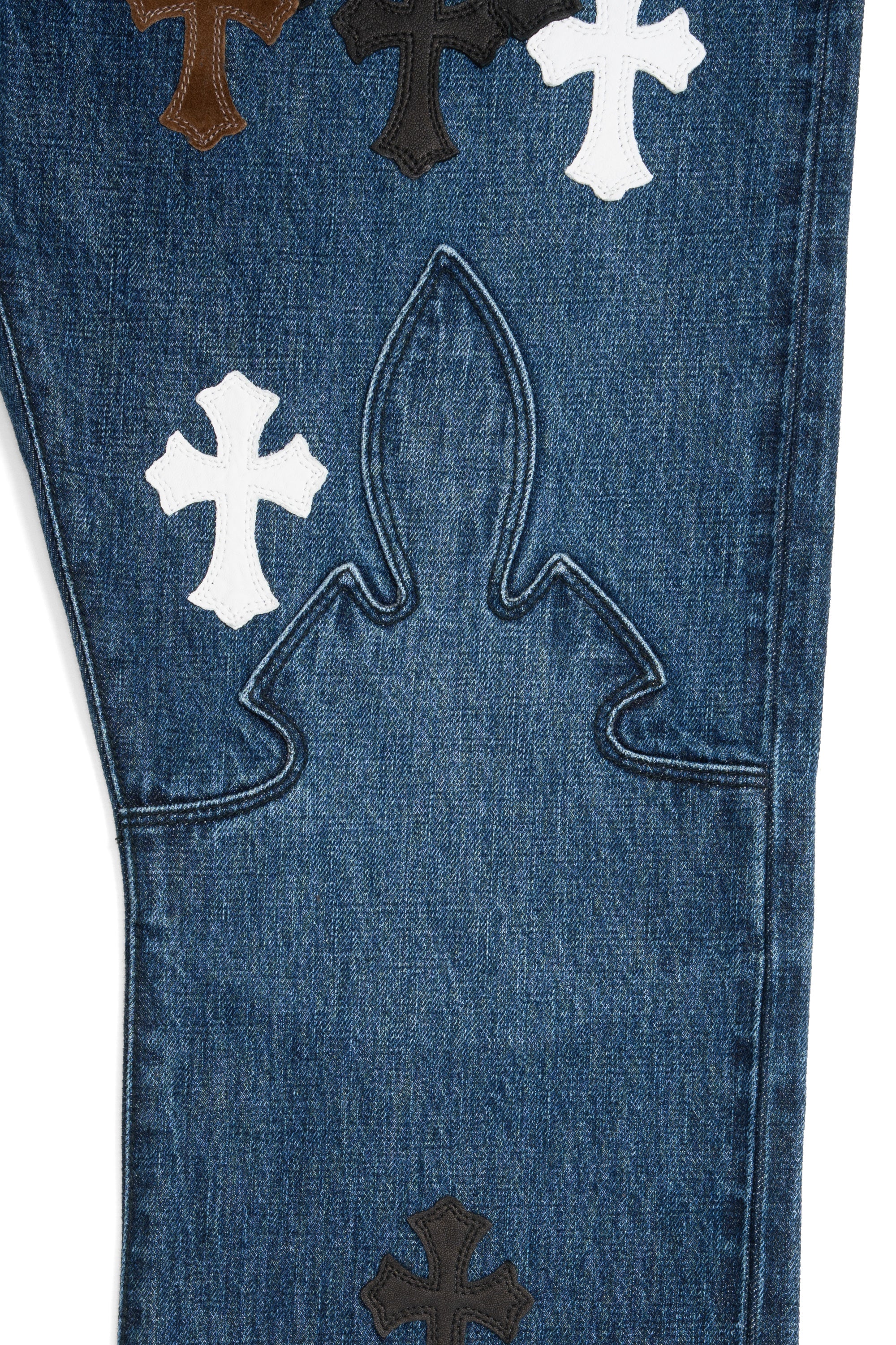 Black, Brown & White Cross Patch Fleur Knee Jeans Blue