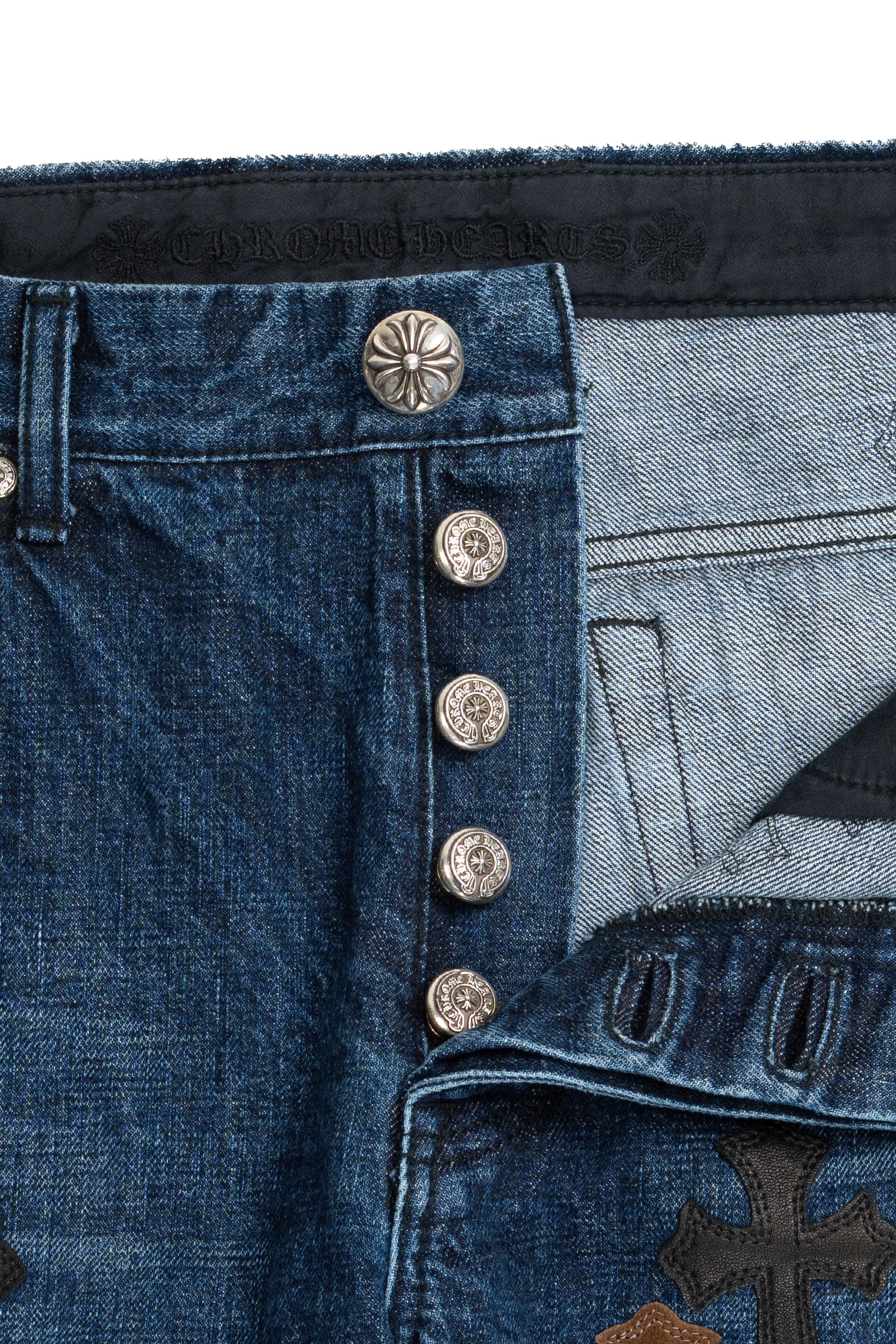 Black, Brown & White Cross Patch Fleur Knee Jeans Blue