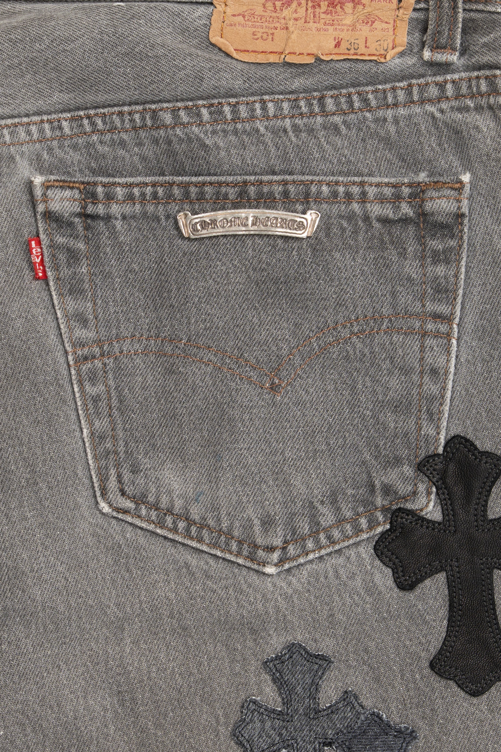 Levi's 501 Denim, Leather Cross Patch with Silver Cross Jeans Black