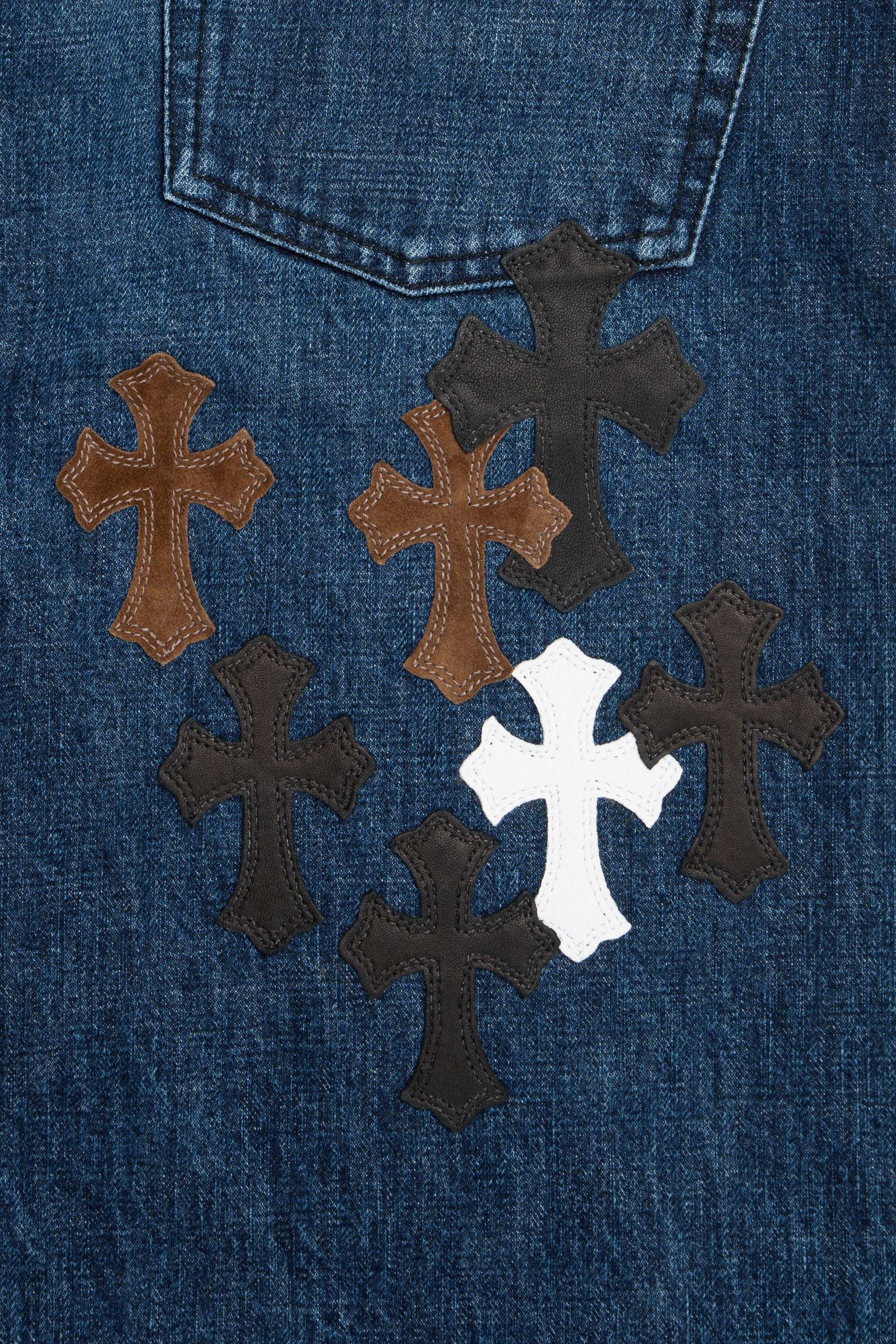 Black, Brown & White Cross Patch Fleur Knee Jeans Blue